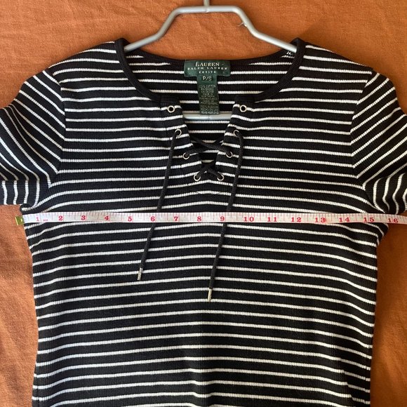 Vintage Cotton Ralph Lauren Ribbed T-Shirt Horizontal Stripes Front Lacing - Picture 5 of 7